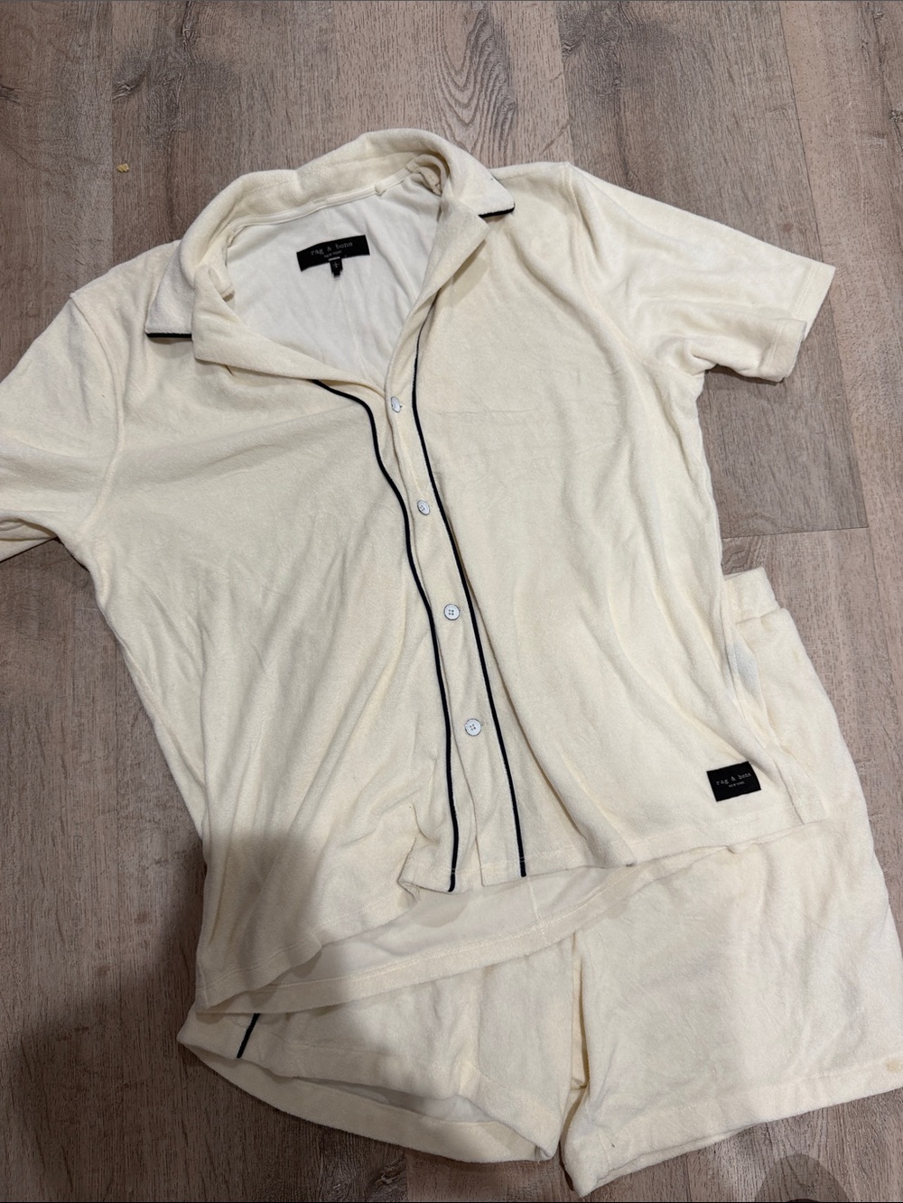 rag & bone Cream Short-Sleeve Button Polo with Black Piping